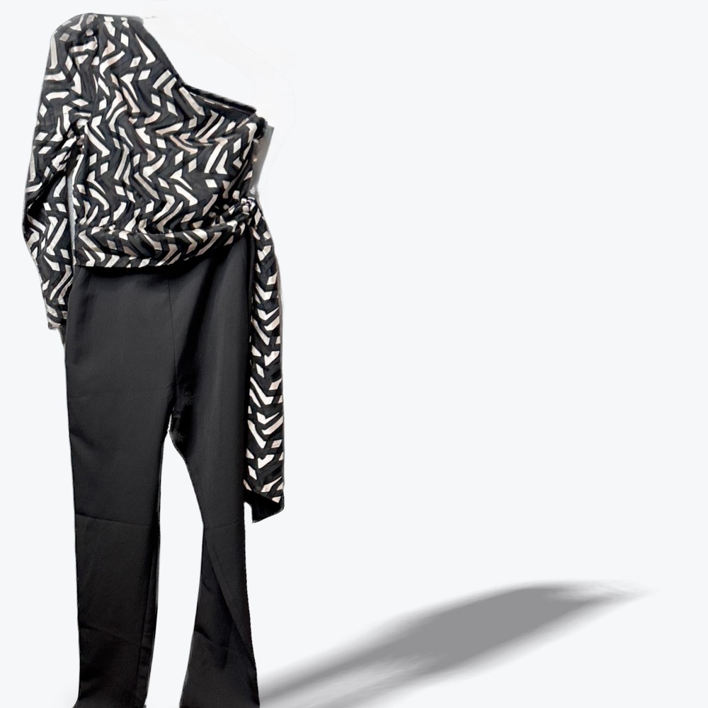 Adelyn‎ Rae One Shoulder Black Geometric Wide Leg Jumpsuit Belted Evening Small